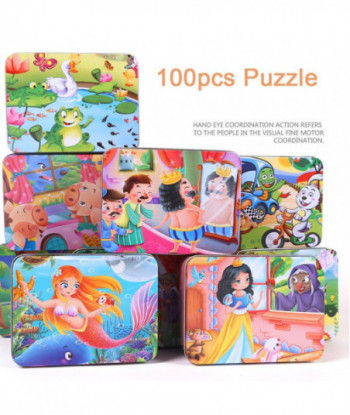100pcs Cartoon Puzzle Iron Box Woolen Jigsaw Puzzles Children Early Education Wool Toy