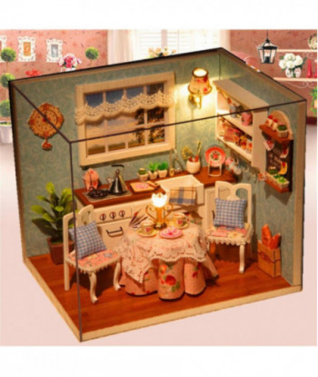 Diy 3d Woolen Dollhouse Miniature Dining Room Model Kit With Cover And Led Furnitures Handcraft Miniature