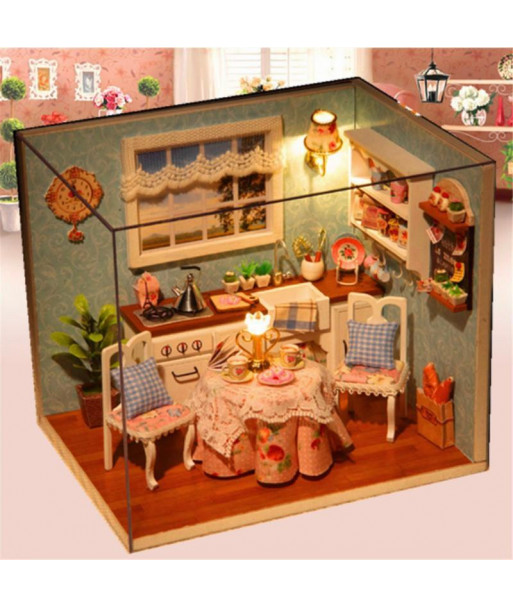 Diy 3d Woolen Dollhouse Miniature Dining Room Model Kit With Cover And Led Furnitures Handcraft Miniature